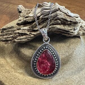 Karis Collection Red Amber Pendant in Silver setting on Chain NWT